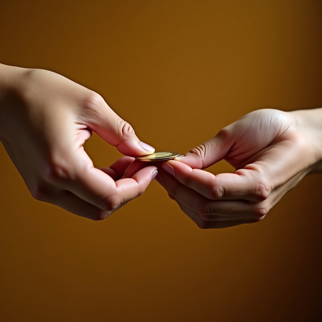 Two hands exchanging something carefully in warm natural light symbolizing generosity