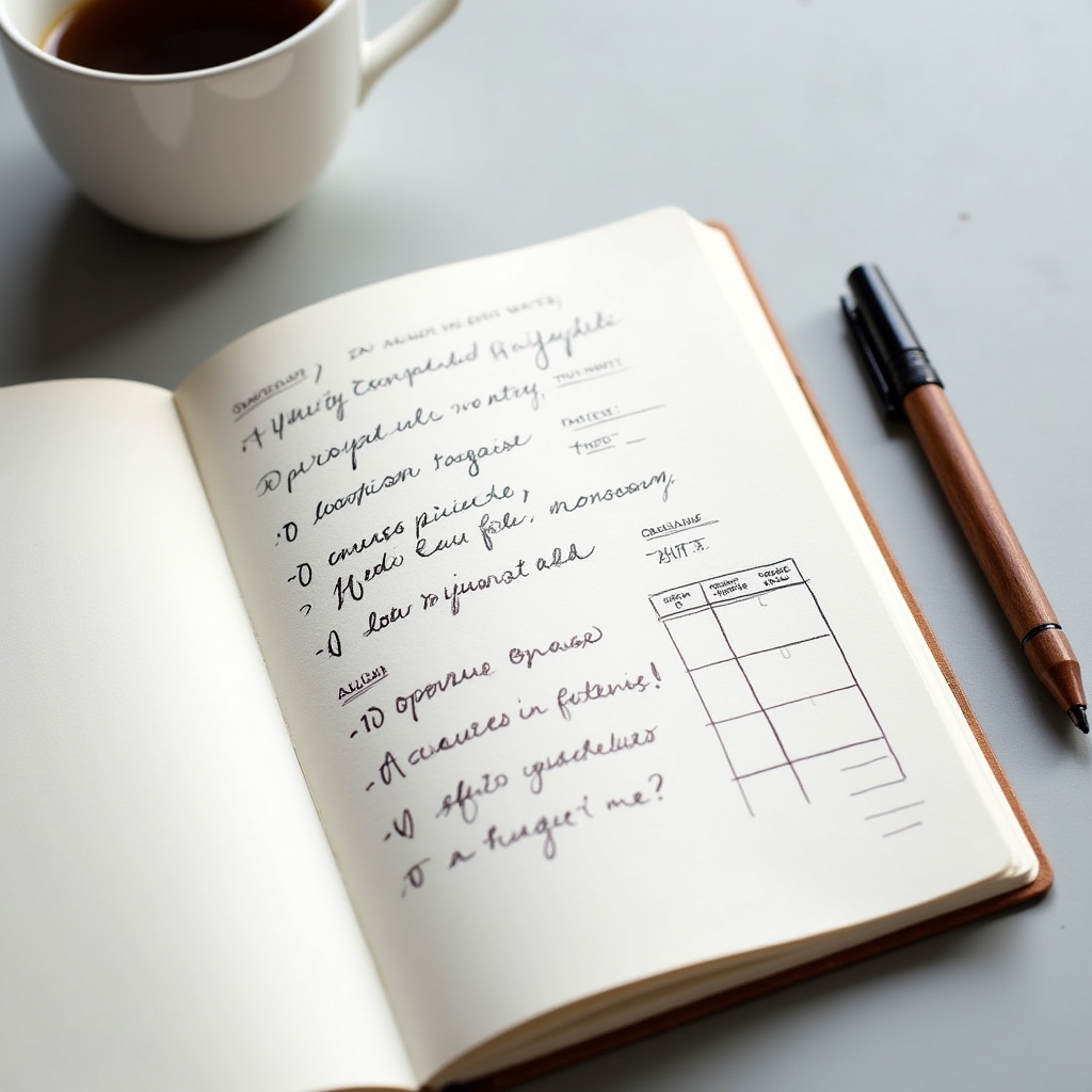 Open notebook with structured financial reflection exercises and pen resting alongside